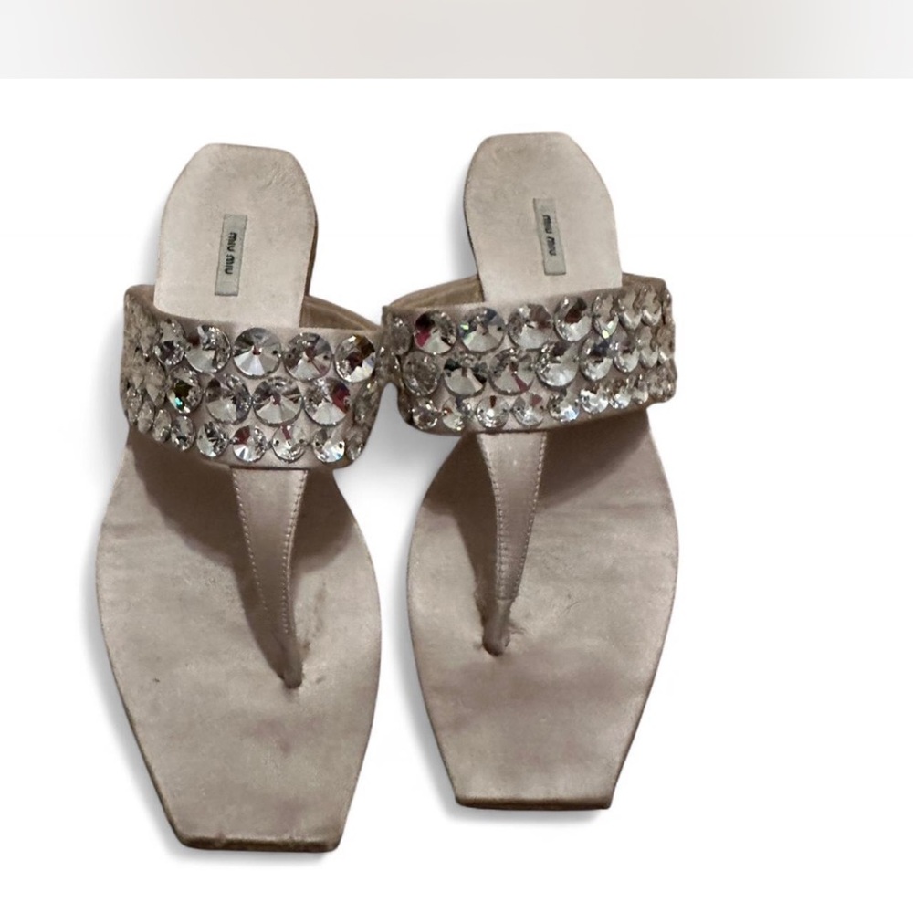 Miu Miu satin Embellished Nude T-Strap Sandals